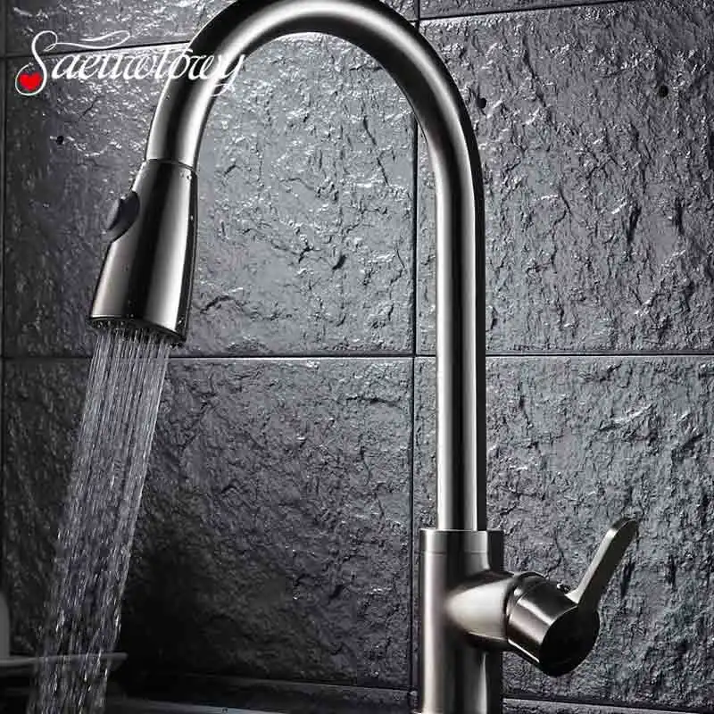 

Saeuwtowy Brushed Nickel Kitchen Faucet Deck Mounted with Warer Stop Valve or not Swivel hot and cold switch Mixer Tap