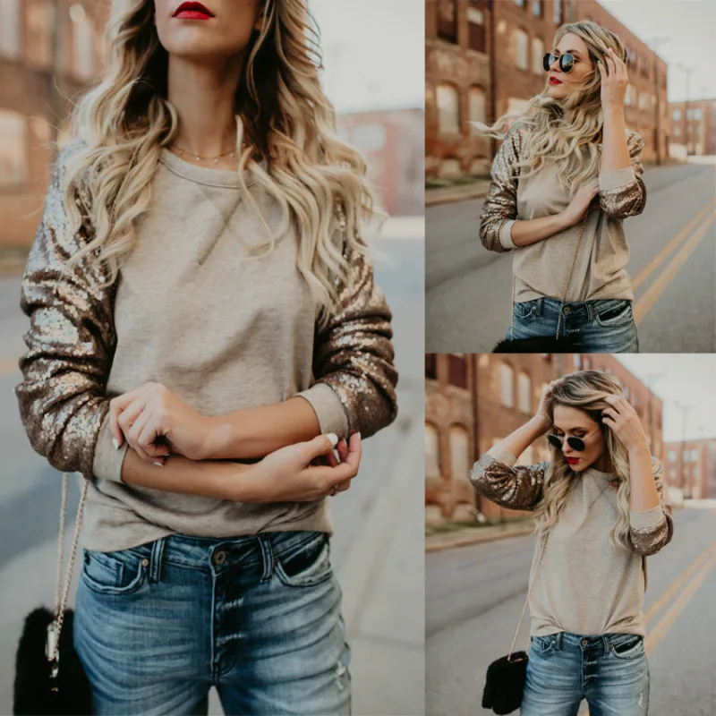 

Women Sequine T Shirt Spring 2018 Fashion Long Sleeve T-Shirt Casual Loose Female Blusas Patchwork O-Neck Tops 31