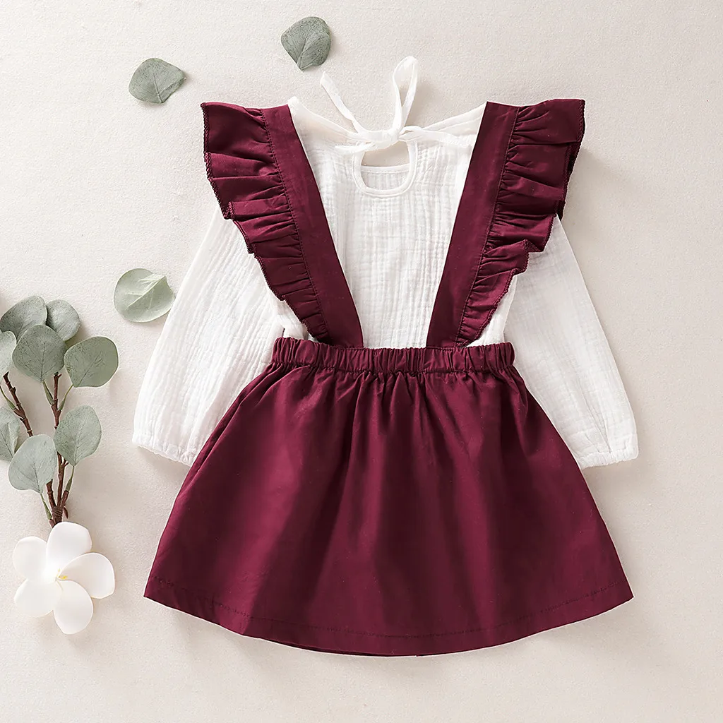 Autumn New Fashion Toddler Baby Girls Long Sleeve Solid Ruched T-Shirt Tops+Overalls Skirts Outfits Sets roupa infantil Z4