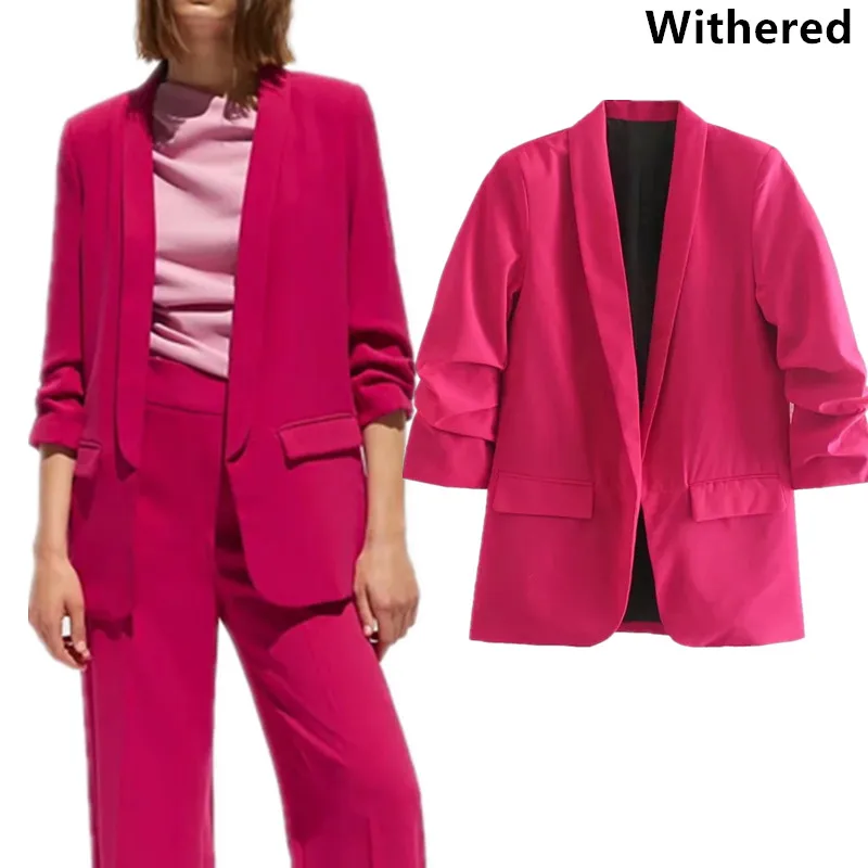 

Withered 2019 blazer feminino england style solid pockets pleated blazer femme women blazers and jackets 0611