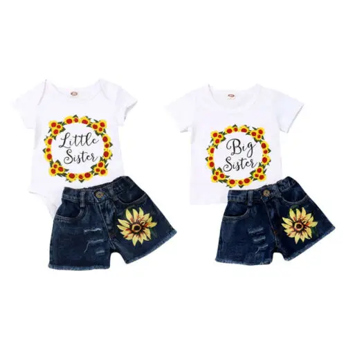 

Baby Girl Sister Matching Outfits Clothes Set 2019 New Sunflower Tops T-shirt Romper Denim Shorts Outfits Summer Set