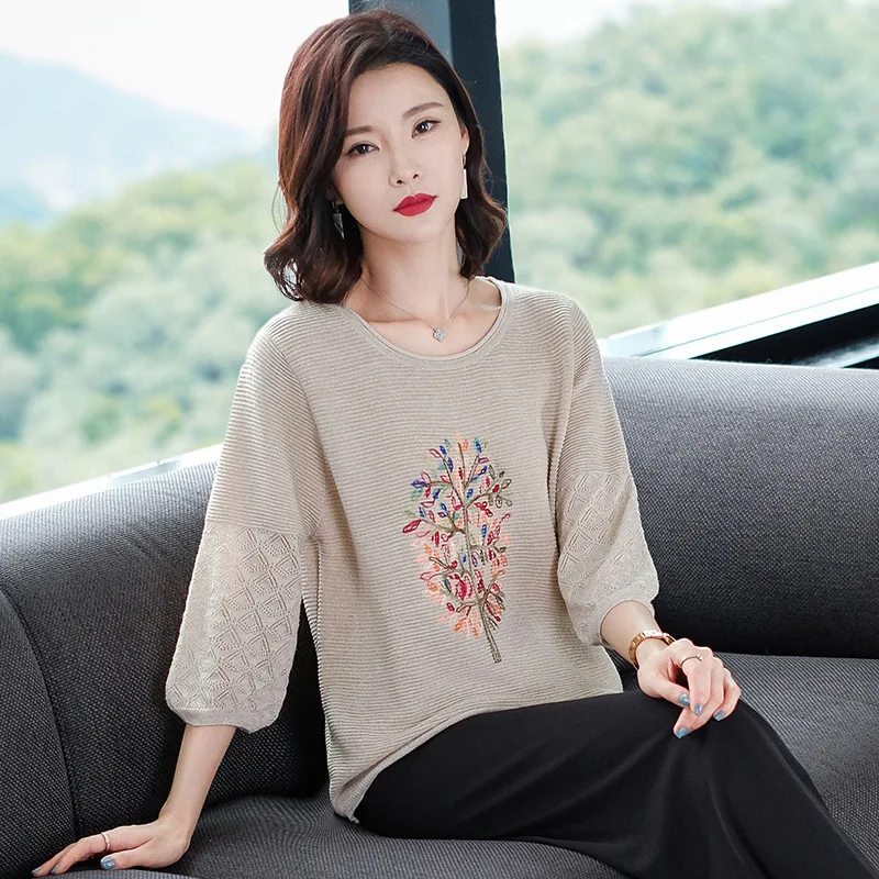 Вязаный пуловер свитер женские корейские демисезонные три четверти рукав круглый джемпер с воротником Топы свободные модные свитера H9322