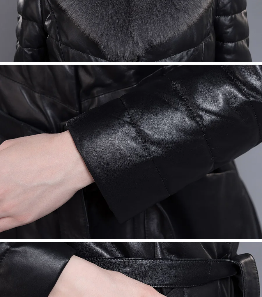 Женский кожаная куртка Gours, зимняя черный куртка из натуральной овечьей кожи, с подкладкой из утка вниз и мех лисы воротником