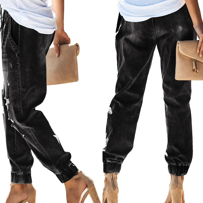 SEBOWEL Distress эластичные джинсовые штаны с карманами и завязками для женщин синие/черные женские свободные джинсовые штаны S-XXL
