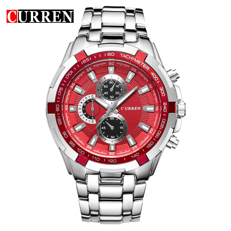 CURREN new watches men top luxury brand Quartz Fashion casual Wrist watch mens Waterproof full steel mens sports watches clock - Цвет: silver red