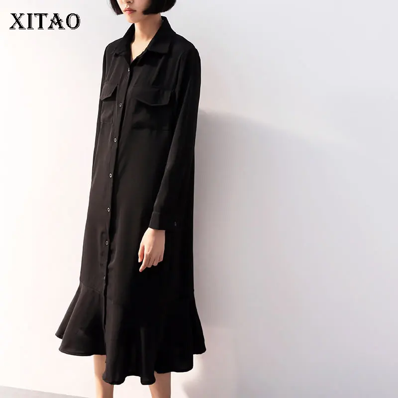 

[XITAO] 2019 Spring Summer New Korea Fashion Dress Casual Full Sleeve Solid Color Ruffles Pocket Single Breasted Dress ZLL3062