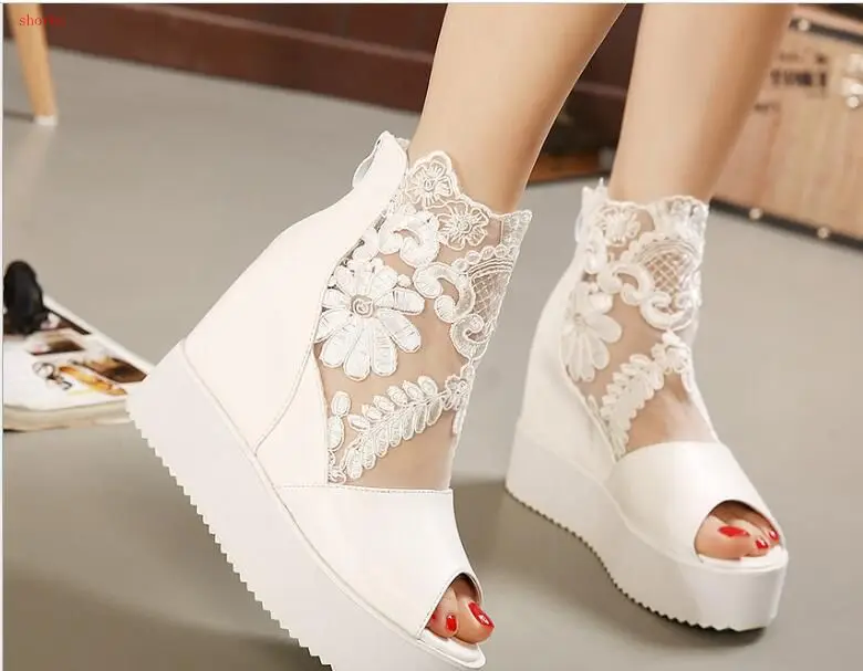 

New fashion Wedge women Sandals Casual Buckle High Heel Shoes Fish Mouth Sandals women Fish mouth lace hollow shoes