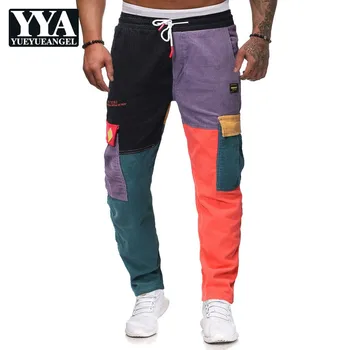 

2019 New Color Patchwork Corduroy Men Pants Fashion High Street Drawstring Full Length Straight Pants Man Autumn Winter Trousers