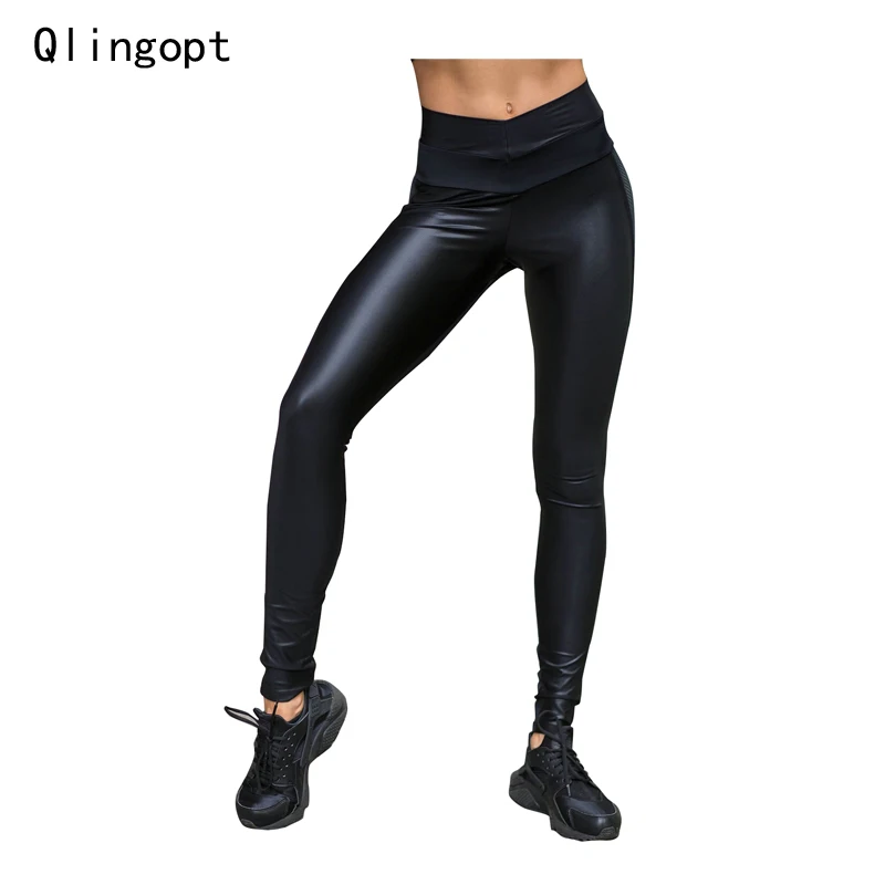Qlingopt casual women leggings fitness pu patchwork mesh insert leggins