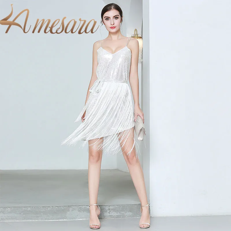 

Women Sleeveless V Neck Knee Length A-Line Summer Party Dress Glitter Dress with Tassels 319055