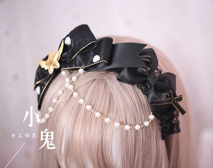 Готическая Лолита аксессуары для волос Бисероплетение цепь черный бант повязка для волос