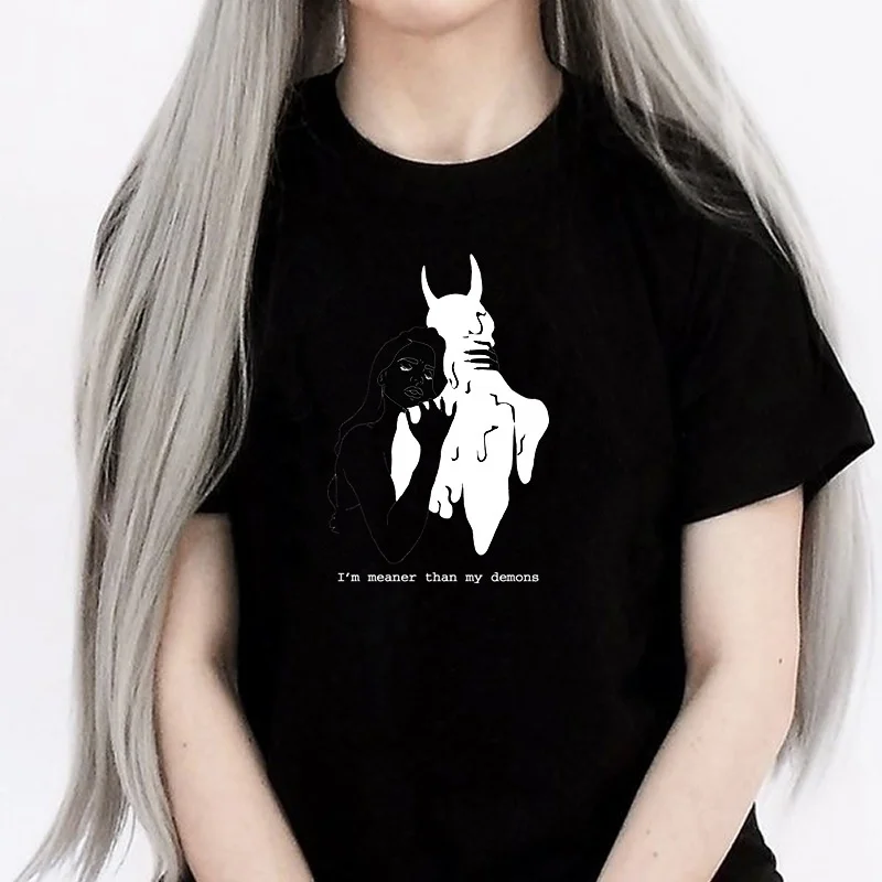 kuakuayu HJN Women I'm Meaner Than My Demons T-Shirt Tumblr Fashion Grunge Style Tee Satanic Shirt Gothic Clothing