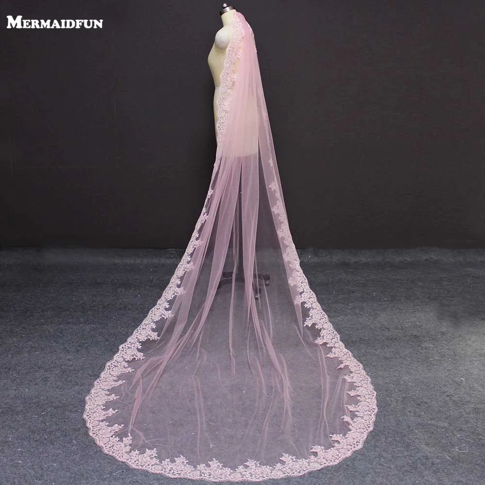 New Arrival Pink Long Wedding Veil with Comb One Layer 3 Meters Cathedral Bridal Veil Colorful Voile Mariage