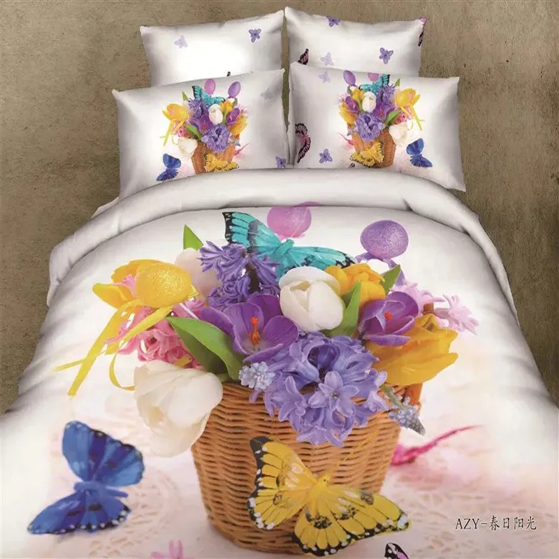 Colorful Fleur Bouquet Flower and Butterfly Bedding Set Queen King Size