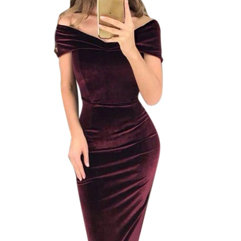 Women's Dress Woman Off Shoulder Velvet Party Cocktail Dresses Female Casual Sexy Elegant Dress Slim Bodycon Fashion Vestidos