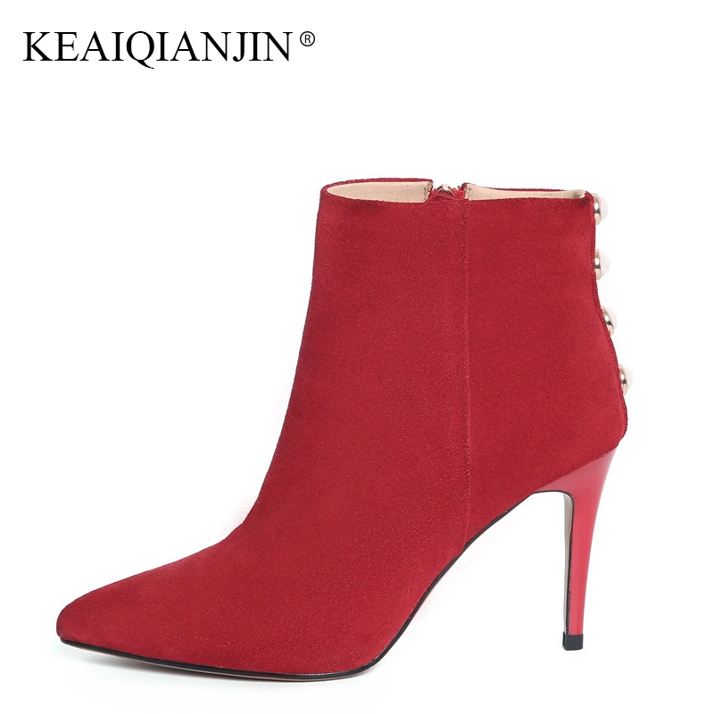 

KEAIQIANJIN Woman Autumn Winter String Bead Ankle Boots Fashion Black Red High Heeled Shoes Genuine Leather Chelsea Martin Boots