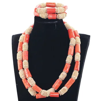 

Quality Men Real Coral Bead Jewelry Set 50 inches Long Coral Necklace Bracelet for Groom Dubai Wedding Gold Jewelry JB057