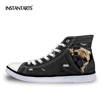 

INSTANTARTS Black Denim Dog Cat Pattern Lightweight Sneakers Comfort Autumn Walking Shoes for Women Men High top Canvas Shoes
