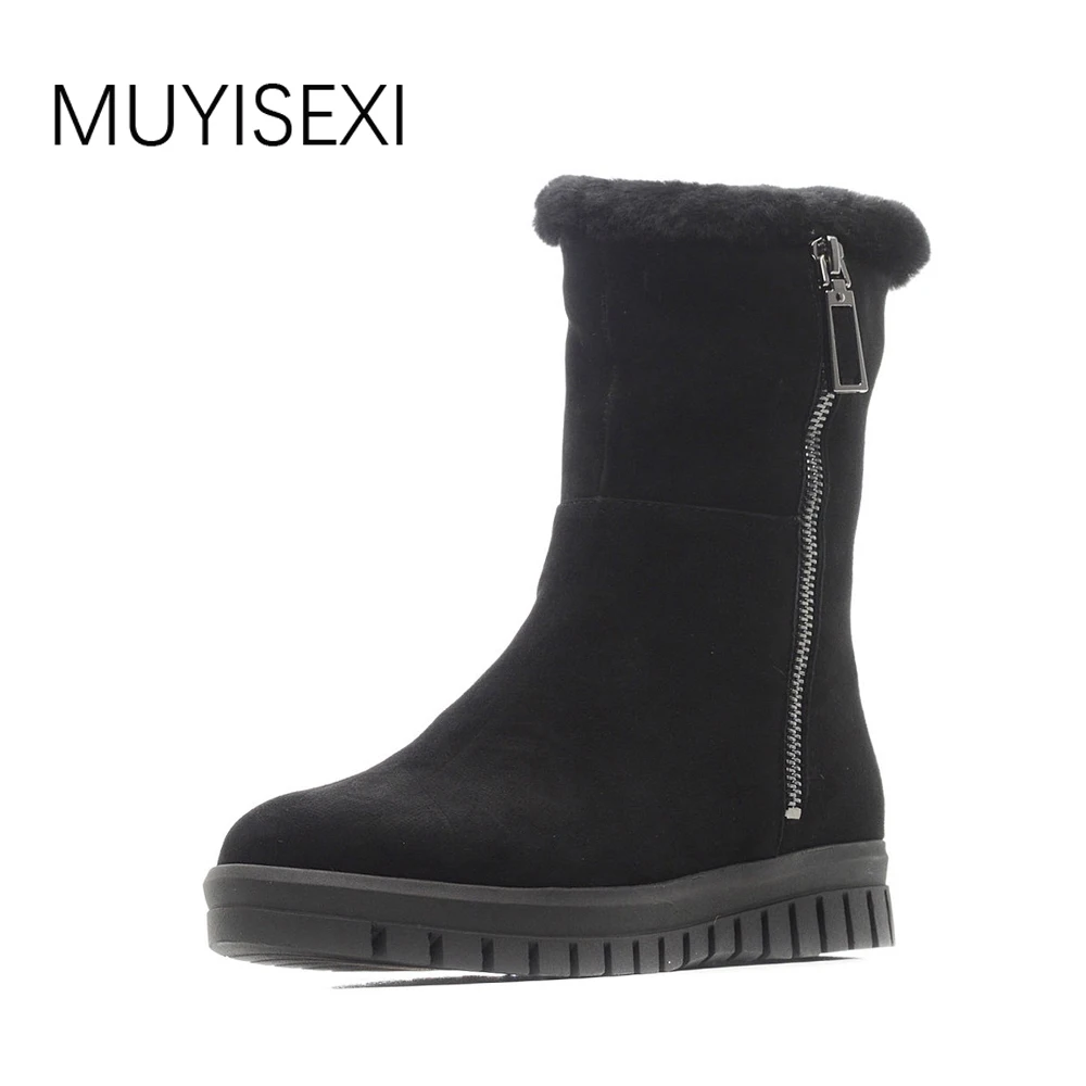 

Black Snow Boots Winter Women's Boots Sheepskin Suede Wool Fur Warm Mid Calf Boots Zipper Flat Platform LID007 MUYISEXI