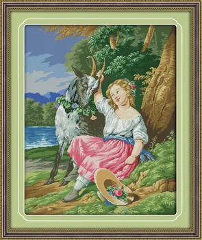 

Happy Shepherd girl Printed Canvas DMC Counted Cross Stitch Kits printed Cross-stitch set Embroidery Needlework