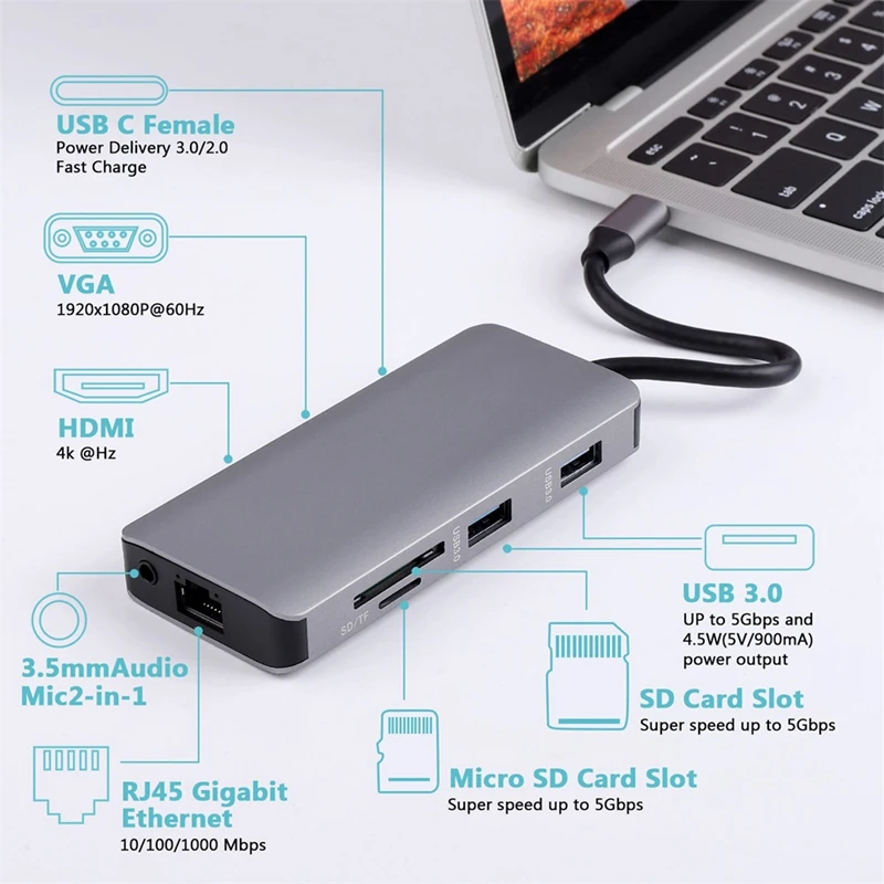 9 в 1 концентратор типа C на выход Hdmi + Vga, 2 порта Usb3.0 s, Sd/Tf кардридер, сетевой адаптер 1000 Мбит/с, аудио порт с Pd3.0 (100 Вт)