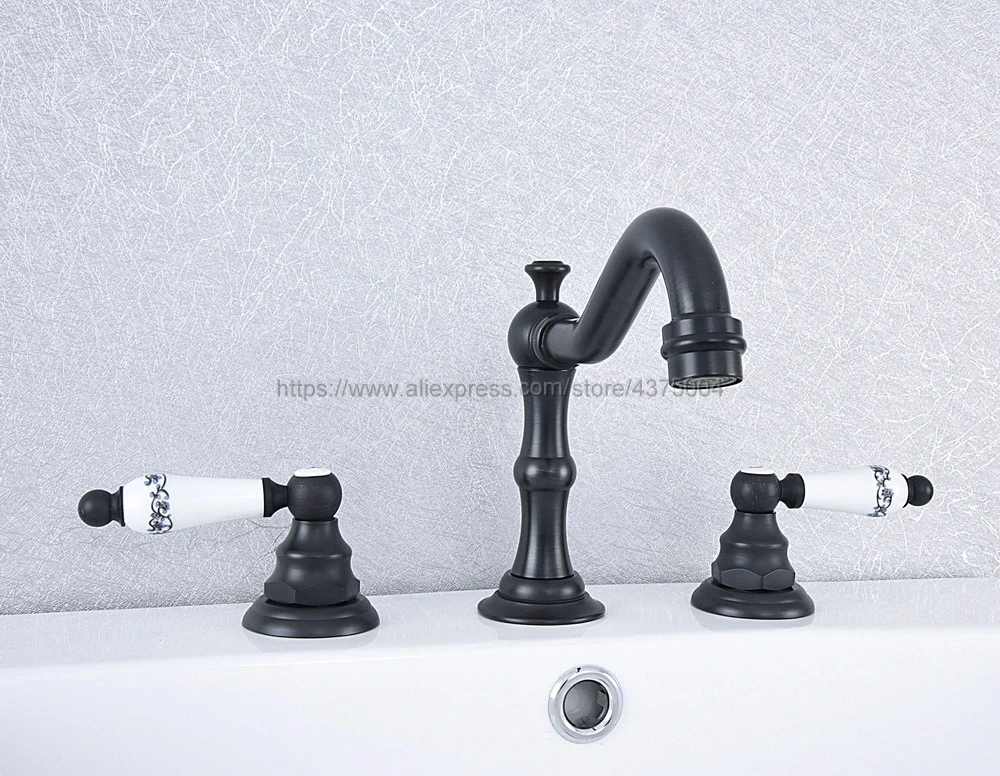 

Oil Rubbed Bronze Widespread 3 Holes Faucet Double Handle Basin Faucet Deck Mounted Bathroom Tub Sink Mixer Taps Nsf543