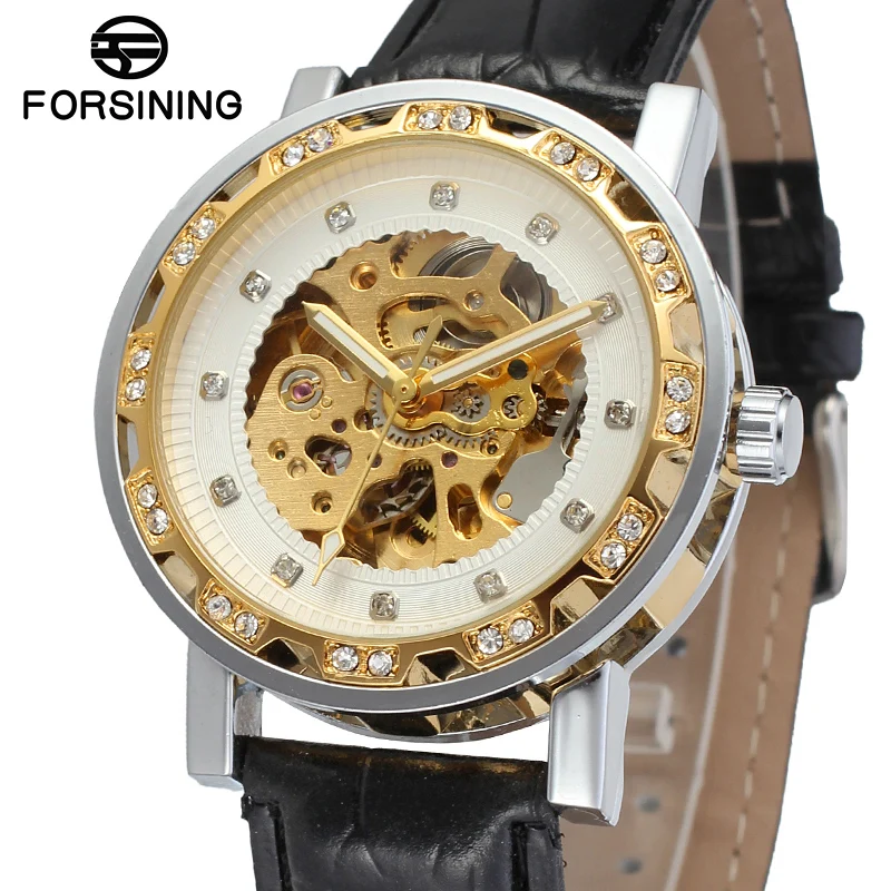 Fashion Winner Top Brand Black Golden Retro Luminous Hands Diamond Display Mens Mechanical Skeleton Wrist Watches Luxury Clocks