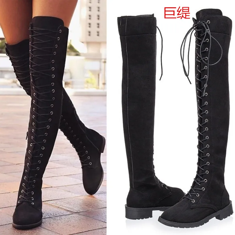 

RYAMAG 2018 New Women's Fashion Womens Knee High Boots Flat Ankle Snow Dance Lace Up Canvas Long Boots Zapatos De Mujer Botas