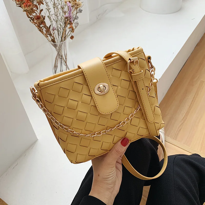 

JI HAO Brand Design Summer Simple Shoulder Bags Female PU Leather Solid Chain Bags For Women 2019 Ladies Knitting Crossbody Bags