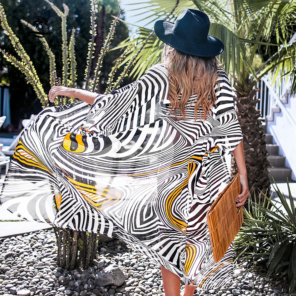 Günstig CUPSHE Schwarz Weiß Und Orange Zebra Print Bikini Cover Up Lang Kimono Badeanzug Abdeckung Frauen 2020 Strand Badeanzug Bademode
