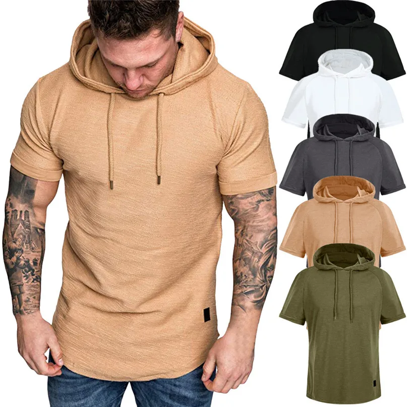 Running Jackets Men hooded short-sleeved t-shirt Fashion Men's Slim Casual Large Size Short Sleeve Hoodie Top Blouse #2h04 (2) - 
