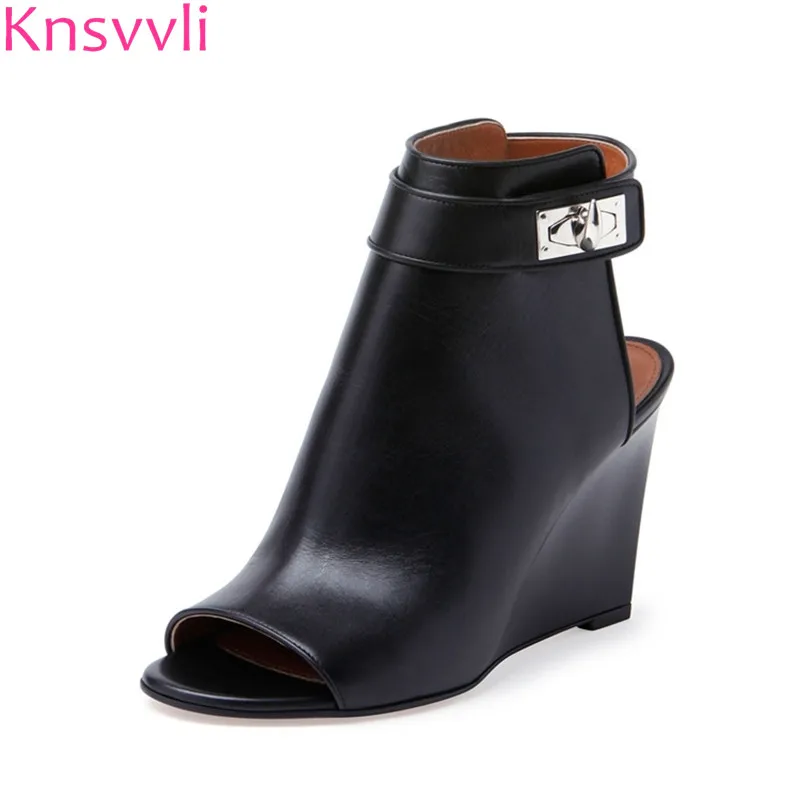 

Knsvvli black wedge heels ankle boots women open toe shark lock folder summer boots woman slingback leather shoes fashion
