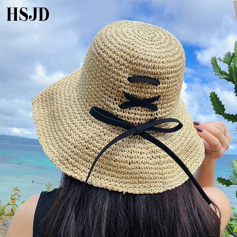 

2019 Women Straw Hat Summer Black bow Handmade Crochet Ladies Straw Hat Female Large Wide brim Foldable Sun Cap Beach Hat