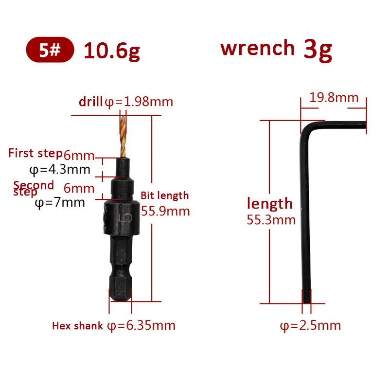 5 шт. Зенковка сверло деревообрабатывающий набор сверл сверло сверление пилотные отверстия с шестигранным ключом титановое покрытие#5#6#8#10#12