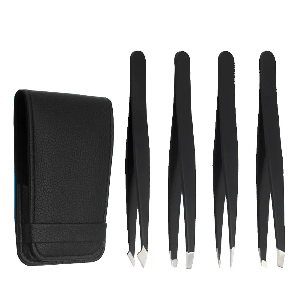 

4 Piece Set Tweezer With Case Rust-free Clip Stainless Steel Makeup Tool Slant Tip Professional Hair Removal Eyebrow Pliers