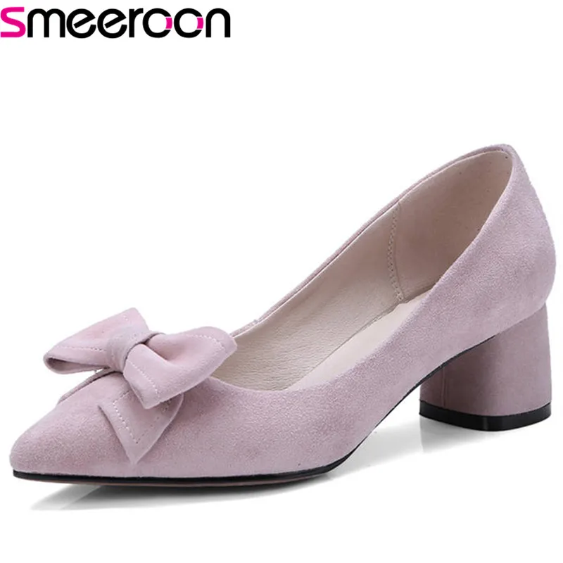 

Smeeroon 2018 new arrival women pumps spring summer suede leather ladies shoes bowknot dress shoes square heels shoes woman