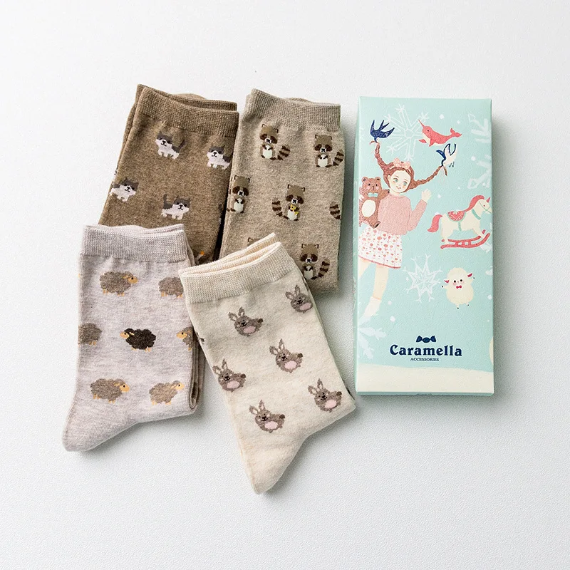 Gift Box women cute cartoon animal series cotton socks for ladies autumn winter fashion socks 4pairs/box