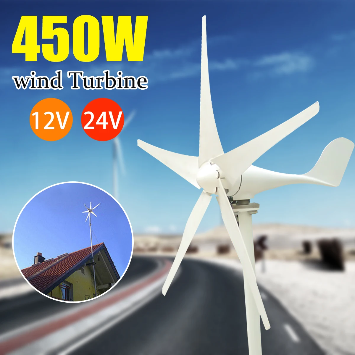 

450W 12/24V Wind Turbines Generator 5 Five Wind Blades Windmill Miniature Wind Turbines for Home Camping with Controller