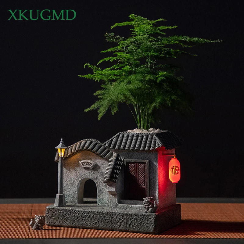 

New Chinese Wind Flowerpot Home Indoor Green Plant Bonsai Potted Antique Landscape Potted Jiangnan Courtyard Micro Landscape