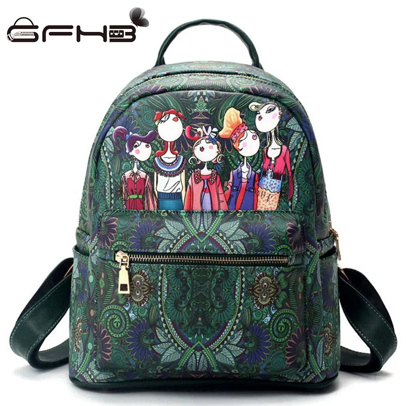 Famous Brands Women Backpacks Cartoon Printing Bag Kanken Backpack Vintage Style Leather Green School Bags Sac