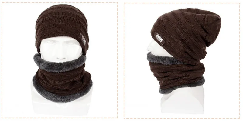 Утолщенные теплые Подкладка из флиса Зимняя шапка и шарф набор для Для мужчин Твердые мужской вязаная шапка с шею Крышка плюс бархат капот