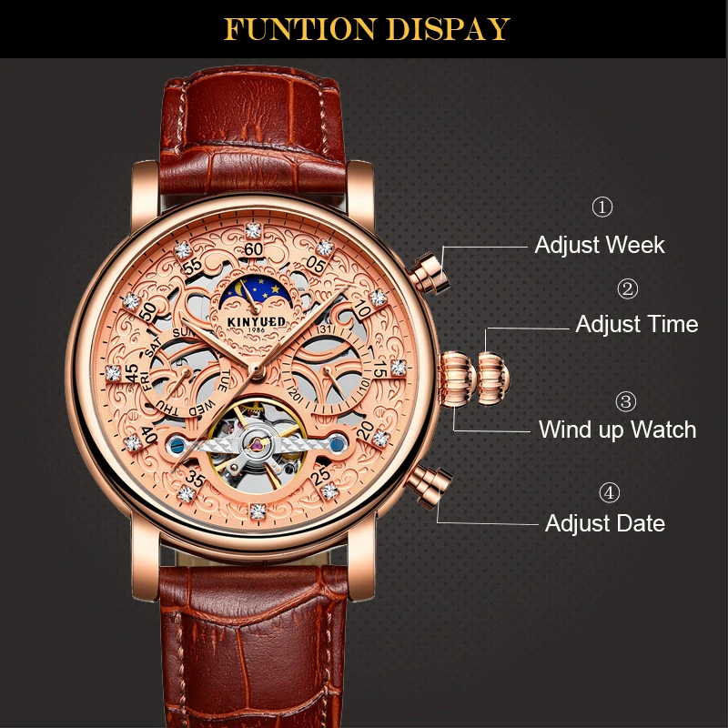 KINYUED esqueleto automático reloj hombres sol Luna fase impermeable hombres Tourbillon relojes mecánicos marca superior relojes de pulsera de lujo - 4