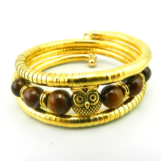 8mm Argent Plaqué Animal Hibou Tête Bracelet Avec oeil de Tigre Lava Rock Pierre D\u0027