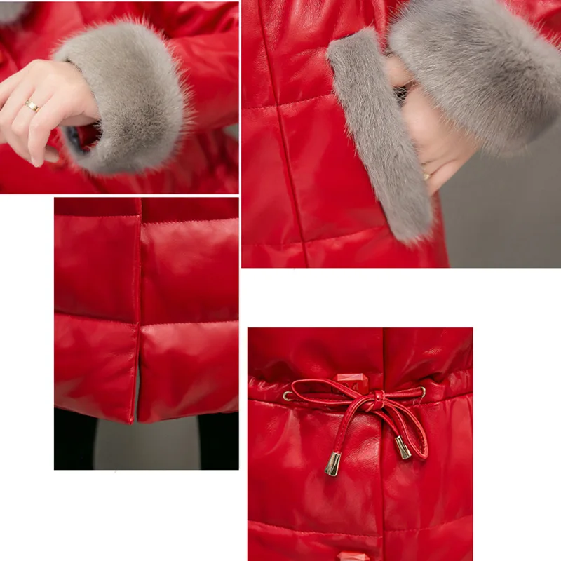 Schinteon, женская зимняя кожаная длинная куртка с искусственным мехом норки, пуховик, теплая верхняя одежда, тонкая одежда, Регулируемая Талия