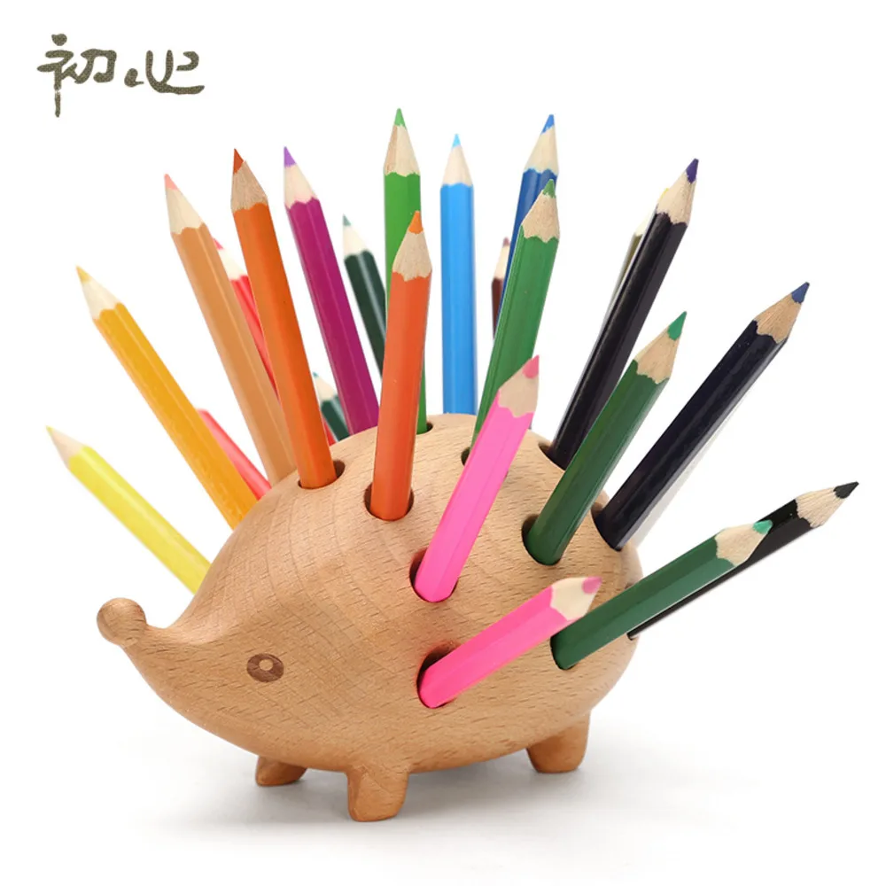 

Large Capacity Office Pen Holder Literary Wood Pen Holder Wooden Simple Cute Children Storage Pen Holder Send 24 Colored Pencils