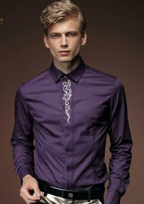 Fanzhuan, 512013,, новая весенняя Мужская рубашка с длинным рукавом, однотонная, тонкая, с вышитыми цветами, мужская, из бамбукового волокна размера плюс - Цвет: style A purple