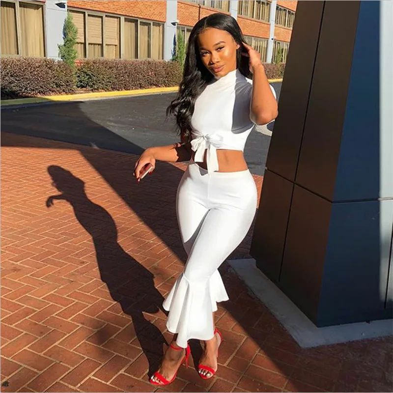 

White Two Piece Set Women Summer Outfits Short Sleeve Bow Tie Up Top And Cropped Flare Pants Suit Fashion Sexy Women Sets