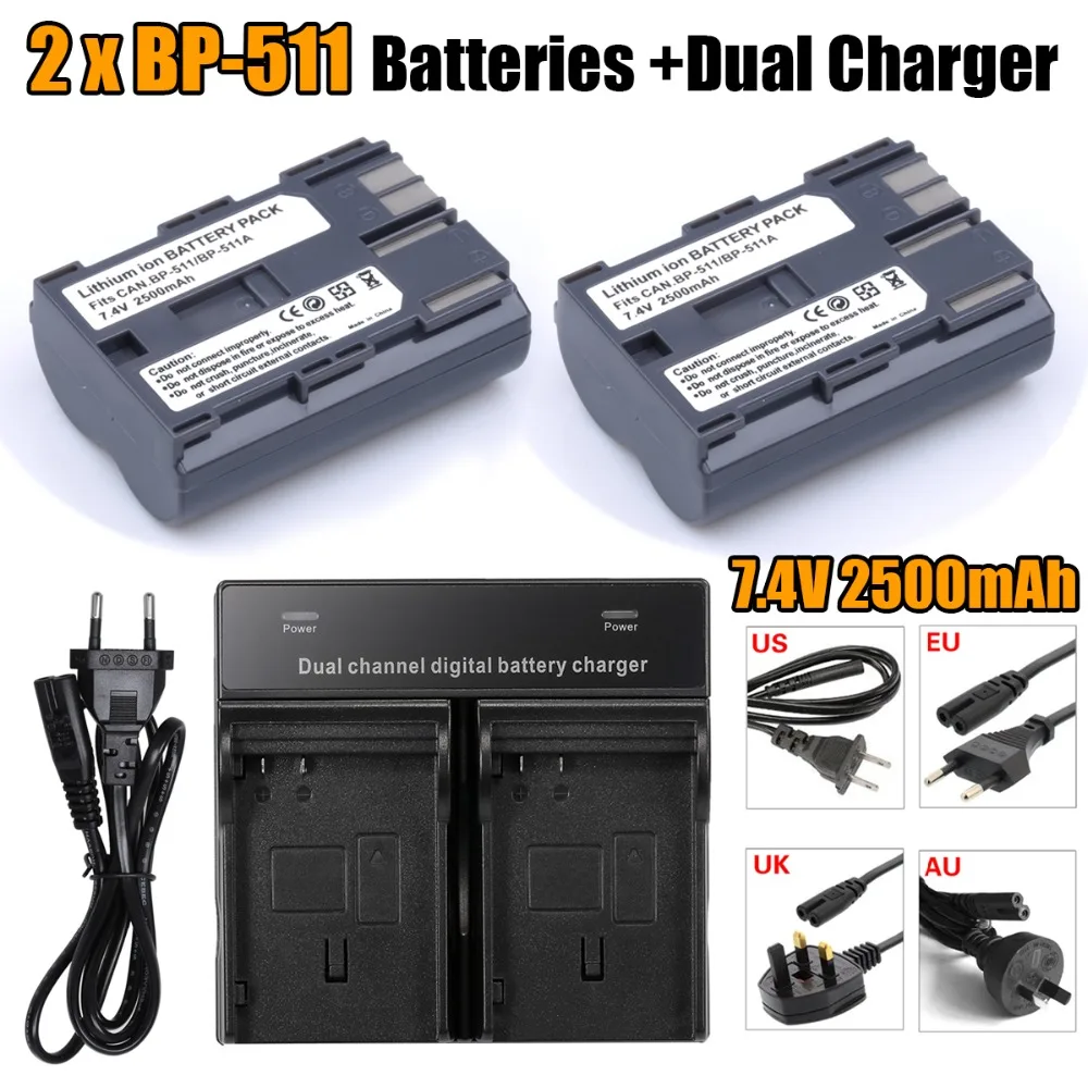 2pcs 2500mAh BP 511 BP 511 BP511 BP511A Batteries + Dual Charger for