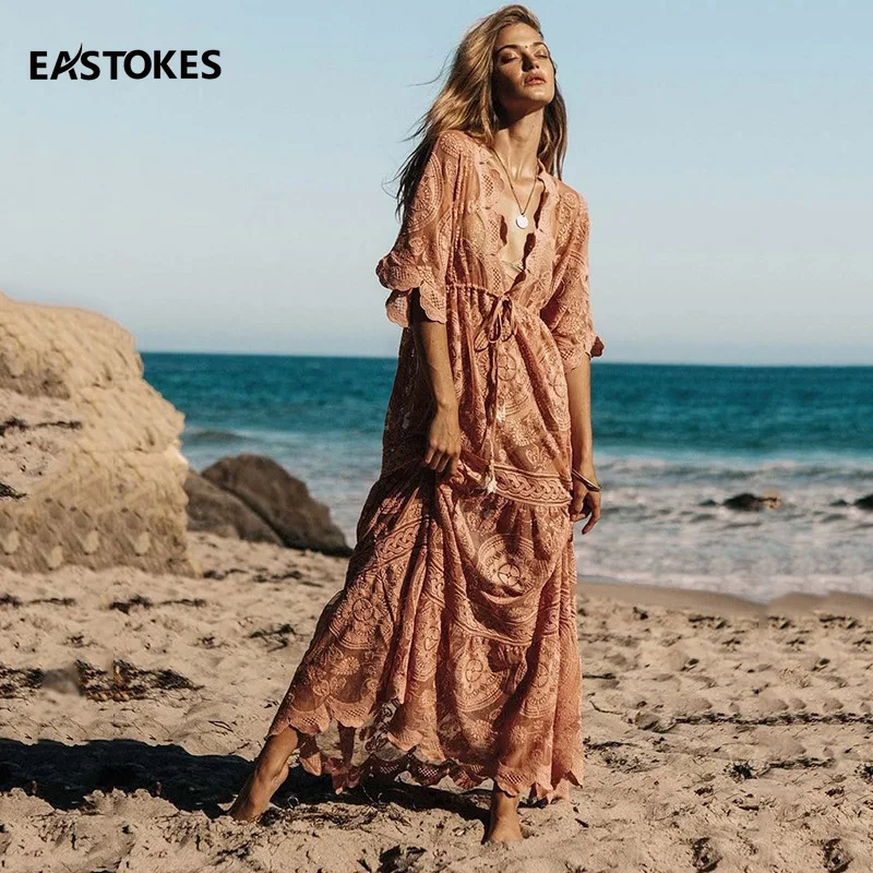 

2019 Women Long Casual Beach Dress Lace Up Swing Beach Holiday Ruffles Sleeve Empire A-Line Sundress