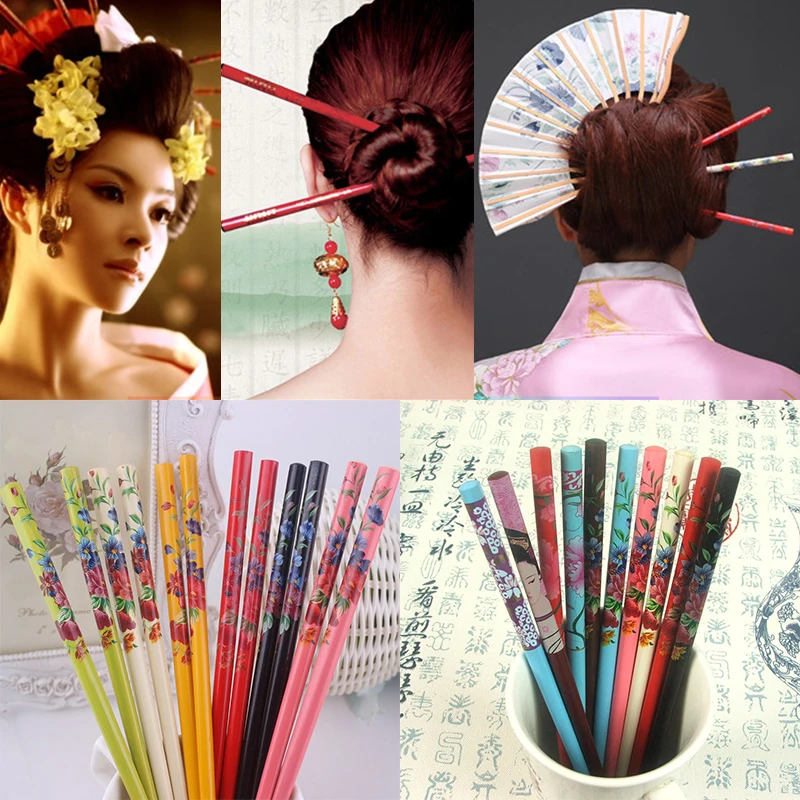 

2Pcs/Set Handmade Hair stick Vintage Painting hairpin Colorful Natural wood for women Japanese hairpin Wood Chinese hair stick